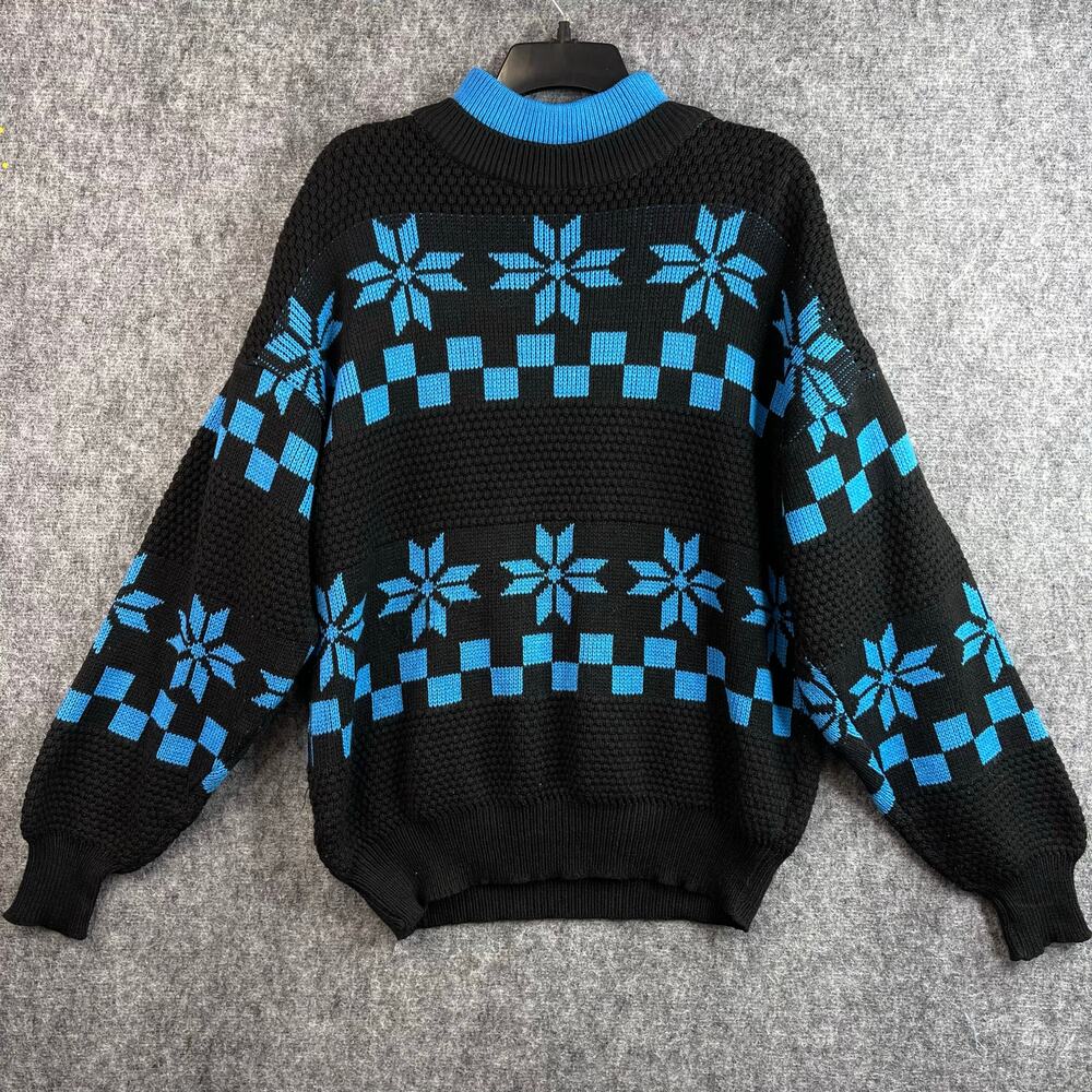 VTG Van Cort Ski Sweater CL Black Blue Snowflake Mock Neck Size L